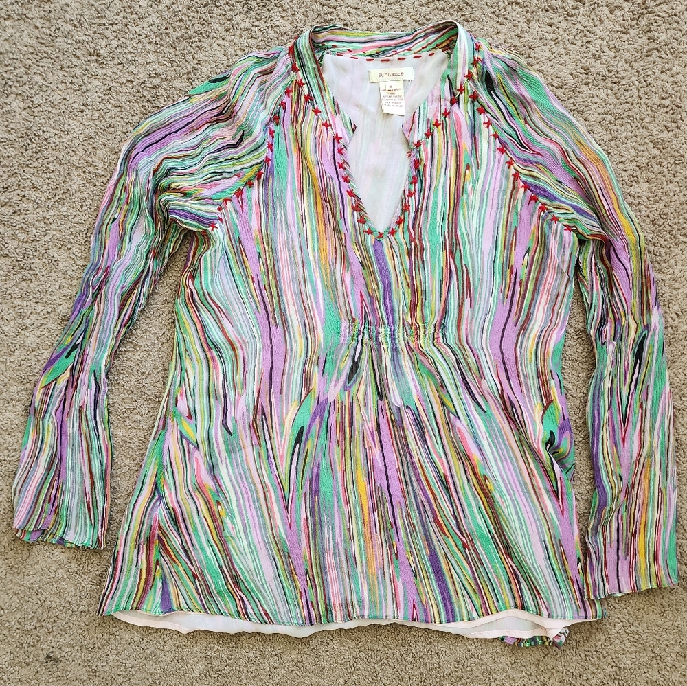 Sundance Multicolor Whimsical Flowy Top 100% Silk Shell